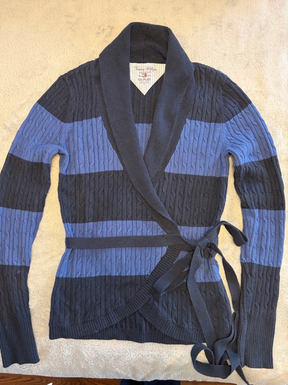 Tommy Hilfiger Y2K Womens Shawl Collar Cable-Knit True Wrap Cardigan Blue & Navy